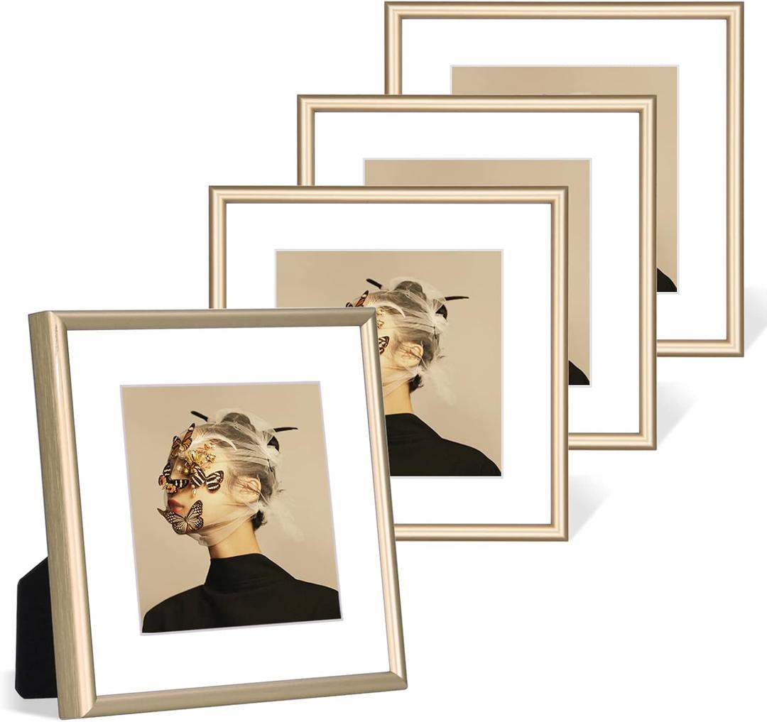 4x4 Picture Frame Set of 4, Matted Brass Simple Modern Brushed Thin Aluminum Metal Square Photo Frame Fits 3x3 with Mat or 4 x 4 without Mat Display For Tabletop or Wall Collage