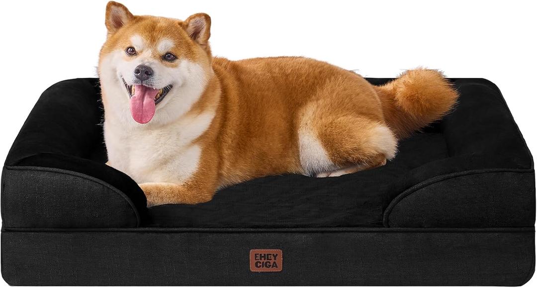 EHEYCIGA Orthopedic Dog Beds for Large Dogs, Waterproof Memory Foam Large Dog Bed with Sides, Non-Slip Bottom and Egg-Crate Foam Pet Couch Bed with Washable Removable Cover, Black (36.0"l X 27.0"w X 6.5"th)