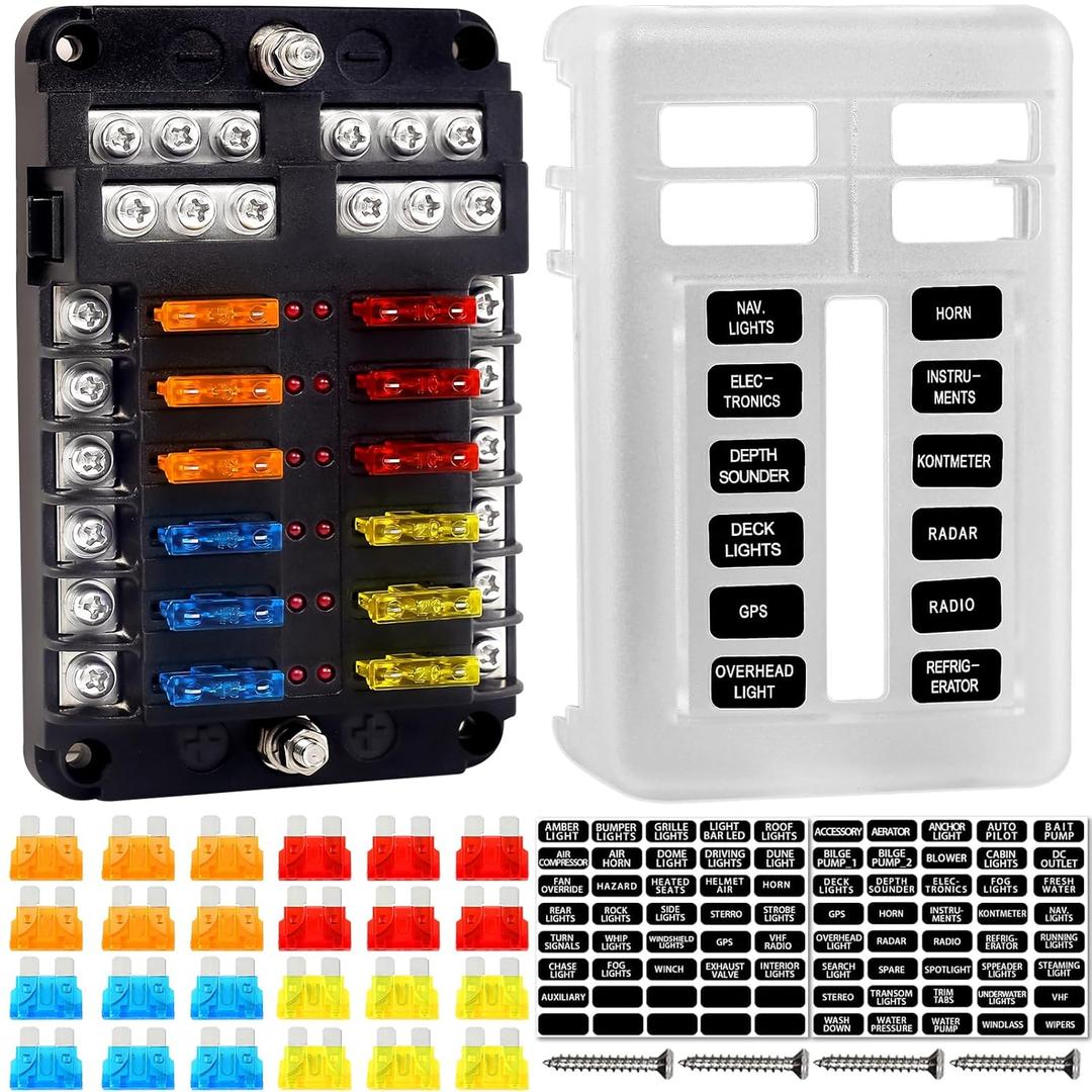 Fuse Block, 12v Fuse Box Holder with Led Indicator Waterproof Cover, Cyrico 12 Circuits Panel with Negative Bus for 12V/24V Automotive Car Truck Boat Marine Rv Trailer, 24 Pcs Blade Inserts