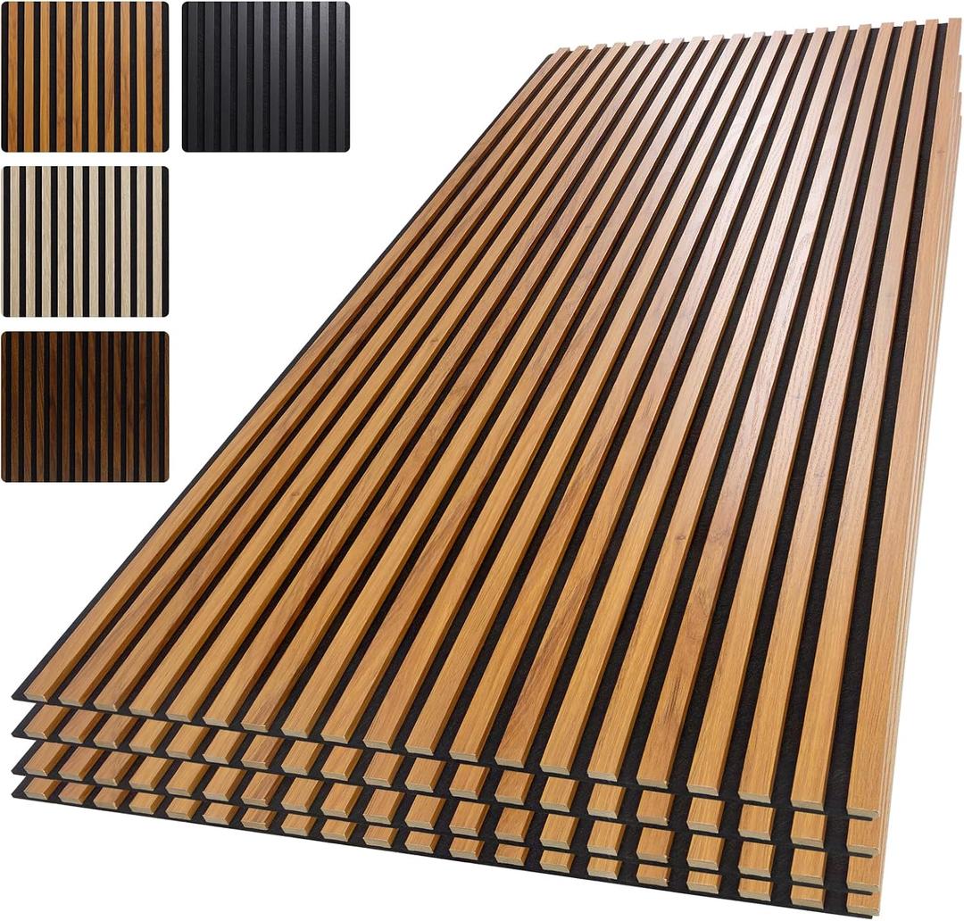 Yuzzy Wood Slat Wall Panel 4 Pack, 48" x 24" Acoustic Wall Panels for Interior Wall Decor and Noise Cancelling, Soundproof Wall Panels for Living Room, Bedroom, Office, Teak, 4Pcs - 48"x24"