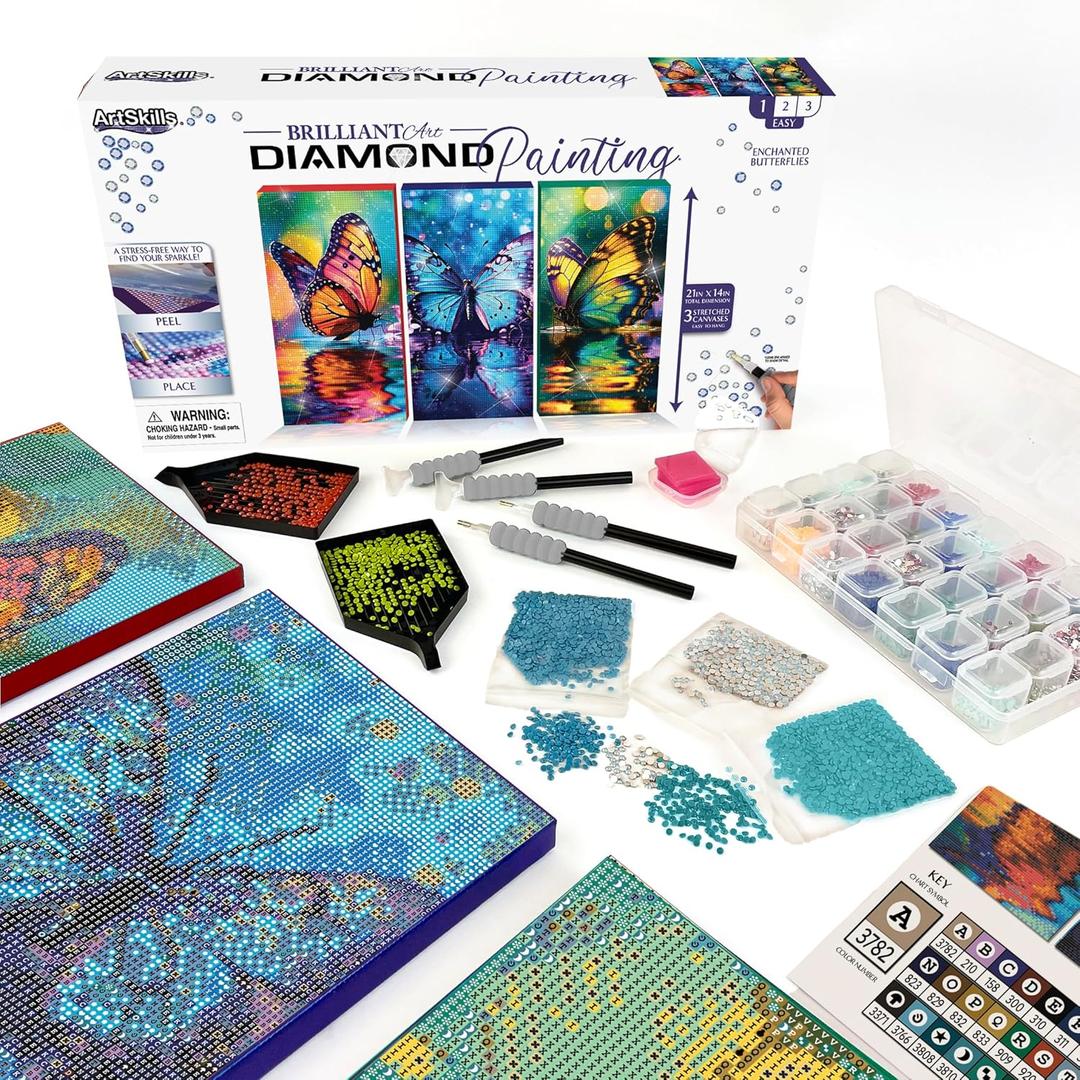 ArtSkills Diamond Painting Kit, Diamond Art Ready to Hang Framed Canvas with Storage and Accessory Kit, Enchanted Butterflies, 3 Stretched Canvas Panels, 14” x 7” Each