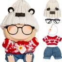 5 Pieces Doll Clothes for Labubu - Kawaii Chic Style Set for 17cm Dolls, Cute Doll Outfit with Accessories - Grey Bear Ears Hat + Red Sweater + Blue Jeans + Glasses + Small Guitar (Clothes Only)
