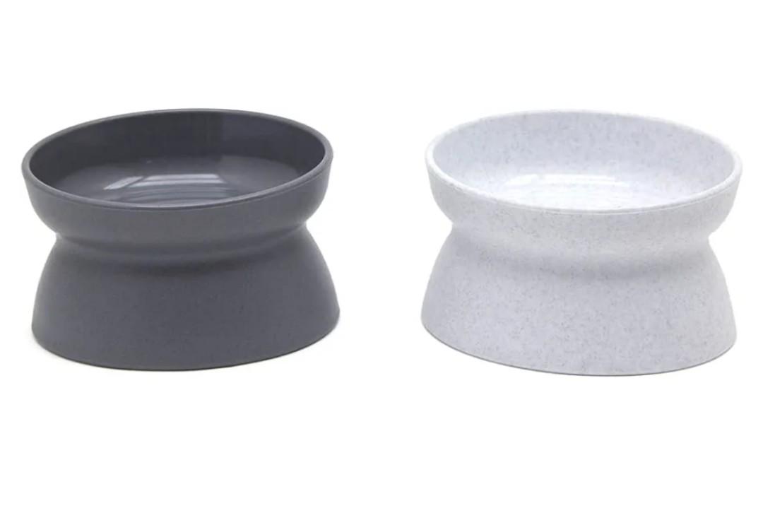 Kitty City Elevated Cat Bowls (Set of 2), Whisker-Friendly Raised Cat Food & Water Dishes, Modern Pedestal Design, Dishwasher Safe, 6.5 oz Each – White & Gray