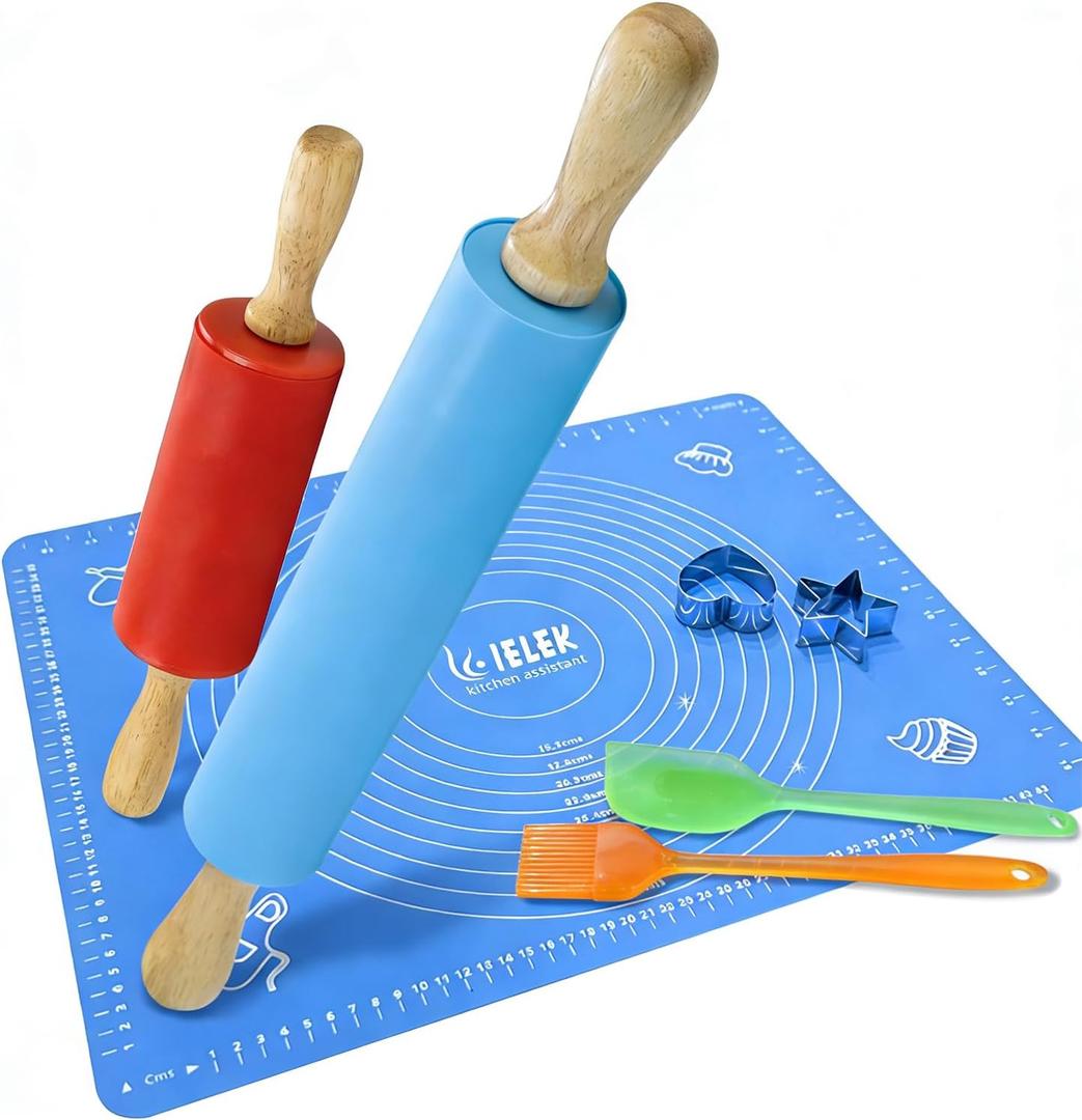 Non-Stick Rolling Pin Silicone Basting Pastry Mat Spatula Brushes Set:Combo Kit of Large and Small Dough Rollers and 2 Stainless Steel Cookie Cutters for Baking (15 Inch)