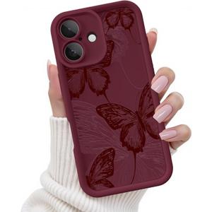 iPhone 16 Case, Creative Butterfly Pattern Design for Girl Women, Soft Silicone Shockproof Anti-Scratch Protection Phone Cover for iPhone 16 (Burgundy Red Butterfly)