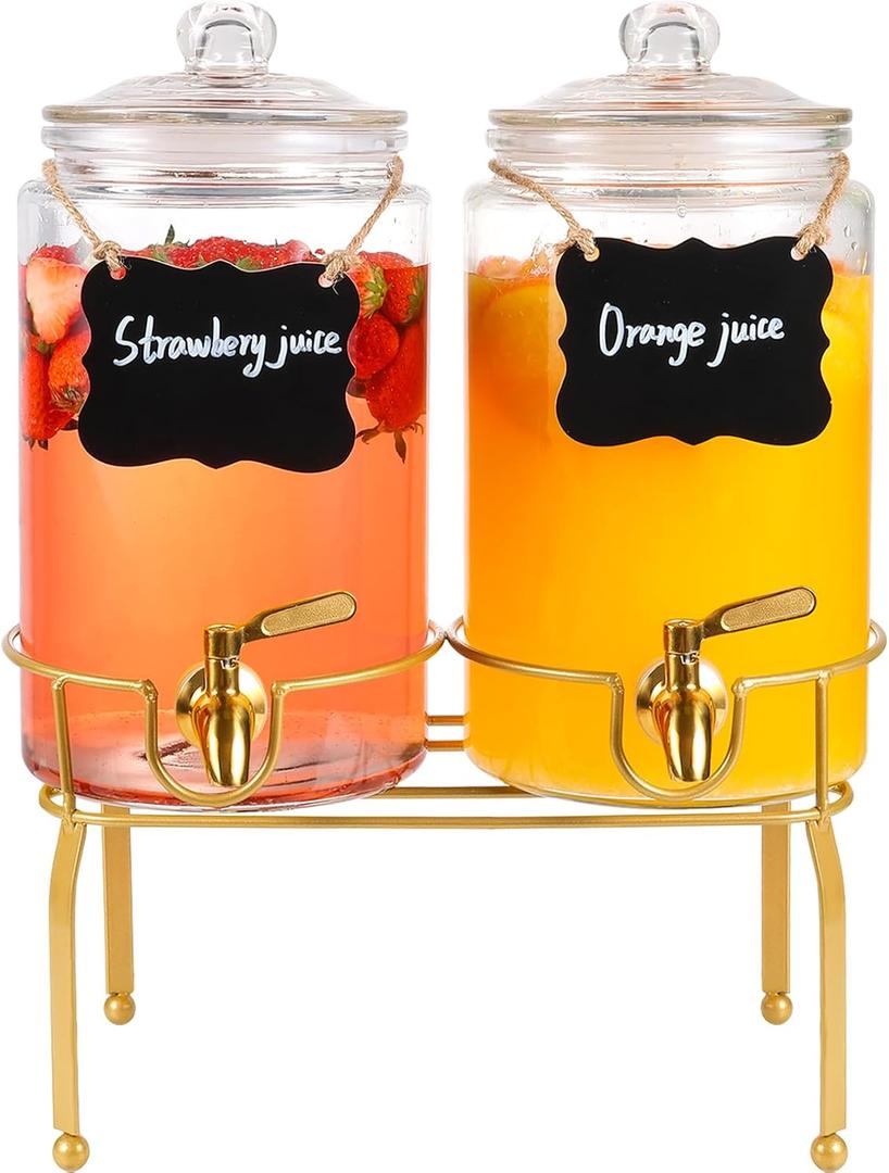Drink Dispensers for Parties,2 Pack 1 Gallon Beverage Dispenser with Stand,Drink Dispenser With Glass Lid and Stainless Steel Spigot Leak-proof, Ideal for Lemonade,Juice, Tea, and Party Drinks