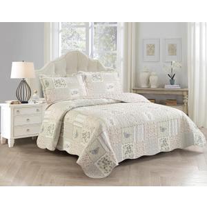 Brilliant Sunshine Grey Angel and Pink Floral Patchwork, 3-Piece Quilt Set with 2 Shams, Reversible Bedspread, Soft Lightweight Coverlet, All-Season, Full/Queen, Pink Grey