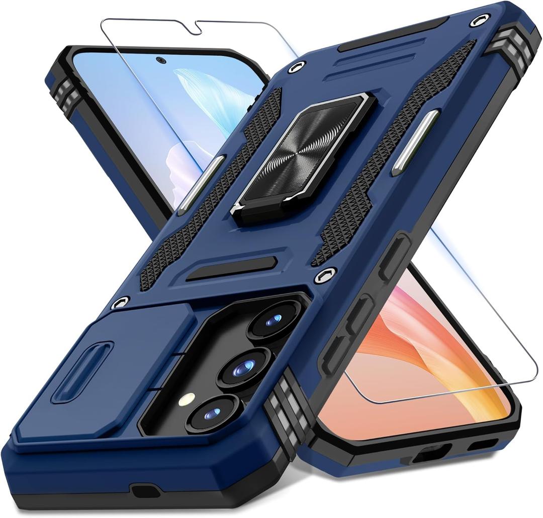 DEERLAMN Case for Samsung Galaxy S24 6.2-Inch with Slide Camera Cover+Screen Protector(1 Pack), Rotated Ring Kickstand Military Grade Shockproof Protective Cover-Navy Blue