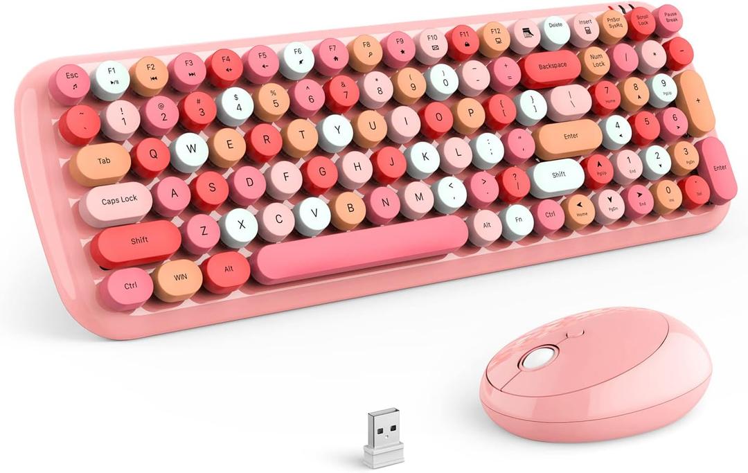 MOFii Wireless Keyboard and Mouse Combo, Retro Typewriter Keyboard with Multi-Media Function Keys and Number Pad Compared for PC Computer Windows (Pink Colorful)