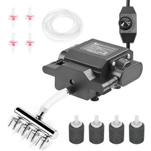 AQQA Powerful Aquarium Air Pump, 4 Air Outlets, Adjustable Oxygen Aerator with Complete Accessories for Large Fish Tanks, Ponds & Seafood Markets (12W/18W)