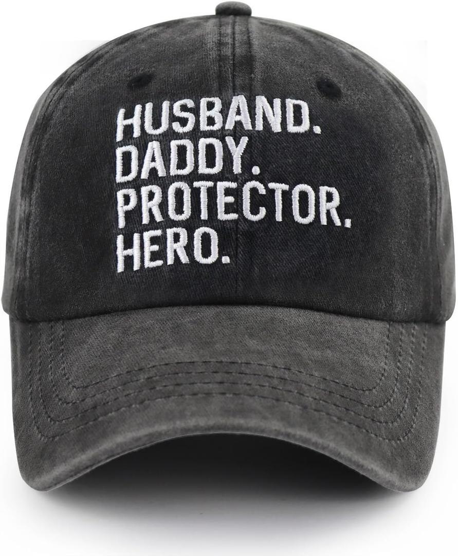 Husband Daddy Protector Hero Hat, Adjustable Cotton Embroidered Fathers Day Birthday Gifts for Dad Baseball Cap (Gray), One Size