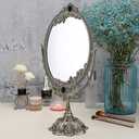 JUXYES Metal Tabletop Antique Decorative Makeup Mirror with Stand, Vintage Swivel Double Sided Cosmetic Mirror with Frame, Retro Desktop Oval Dressing Mirror for Bathroom Bedroom