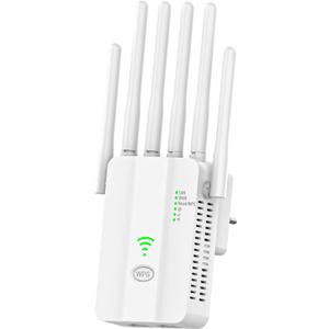 WiFi Extender, WiFi Extender Signal Booster, w/6 Antennas, 2 LAN Ports, Modes (Repeater, Router, AP), Coverage up to 8300 sq ft, for Home and Office, Easy Installation