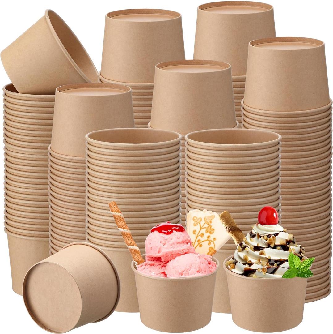 Honeydak 200 Pcs 8 oz Ice Cream Cups Kraft Paper Disposable Dessert Bowls for Hot or Cold Food Dark Brown Paper Snack Containers for Sundae, Frozen Yogurt, Soup Baby Shower Party Supplies