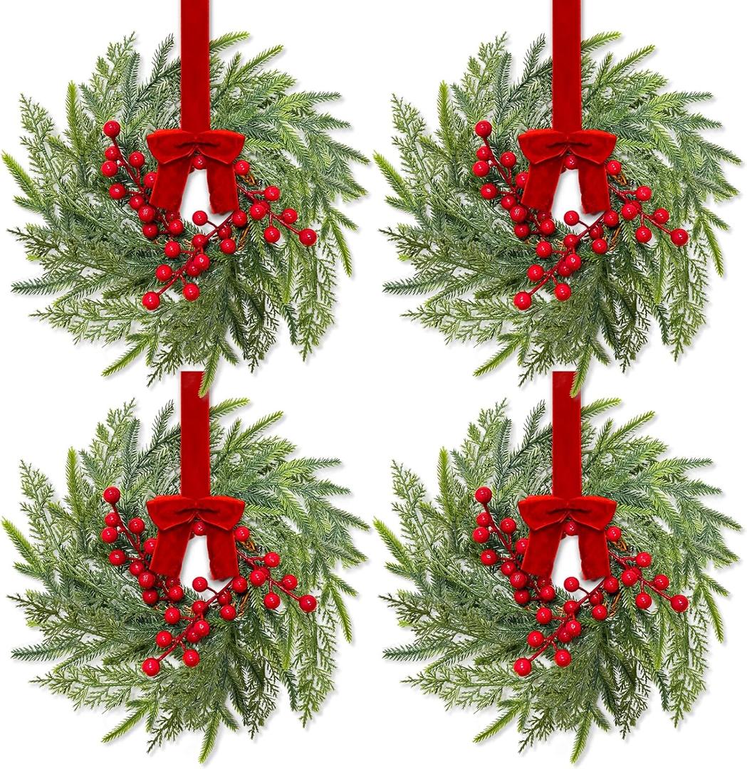 4 Pcs 15" Christmas Mini Cabinet Wreaths for Kitchen,Artificial Norfolk Pine & Cypress Wreath with Red Berry Bow for Christmas Decorations Window Door Fireplace Table Staircase Indoor Outdoor
