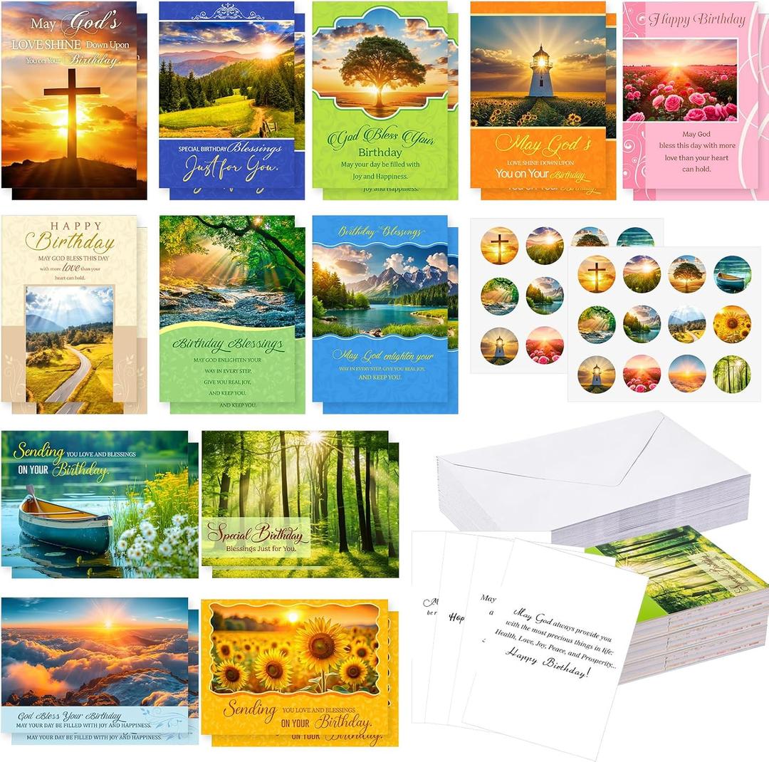 48 Pack Religious Christian Birthday Cards Bulk with Scripture Assorted Bible Verse 4.5 x 6.2 Inch Christian Blessings Birthday Greeting Cards with Envelopes and Stickers (Natural Style)