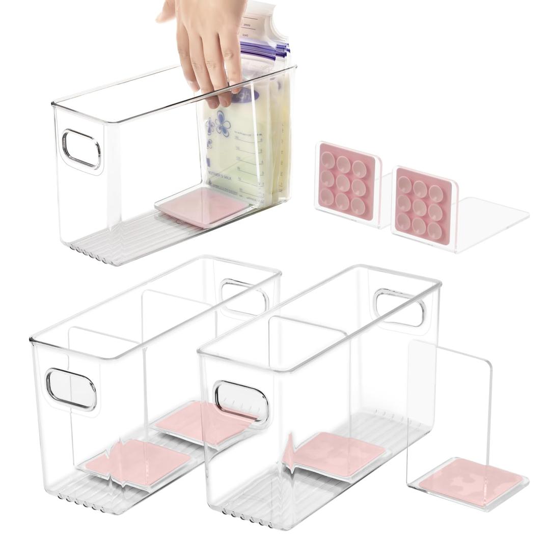 Breastmilk Storage Container with L Shaped Dividers to Flatten Standing Breast Milk Bags in Organizer Bins Save Refrigerator Space | 2 Containers with Removable Separator Boards - Pink (3mm Thick)