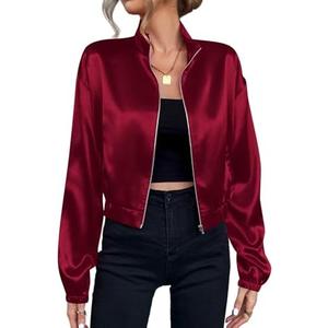 Verdusa Women's Bomber Satin Lightweight Jacket Drop Shoulder Long Sleeve Zip Up Outerwear Size M