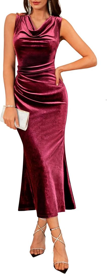 GRACE KARIN 2025 Velvet Wedding Guest Dresses for Women, Winter Formal Cocktail Maxi Dress, Cowl Neck Mermaid Evening Gown (10, Wine Red)