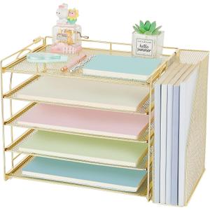 AUPSEN Gold Desk Accessories Organizer,5-Tier Letter Tray Paper Organizer with Adjustable File Holder, Desktop Office Desk Accessories for Office Supplies