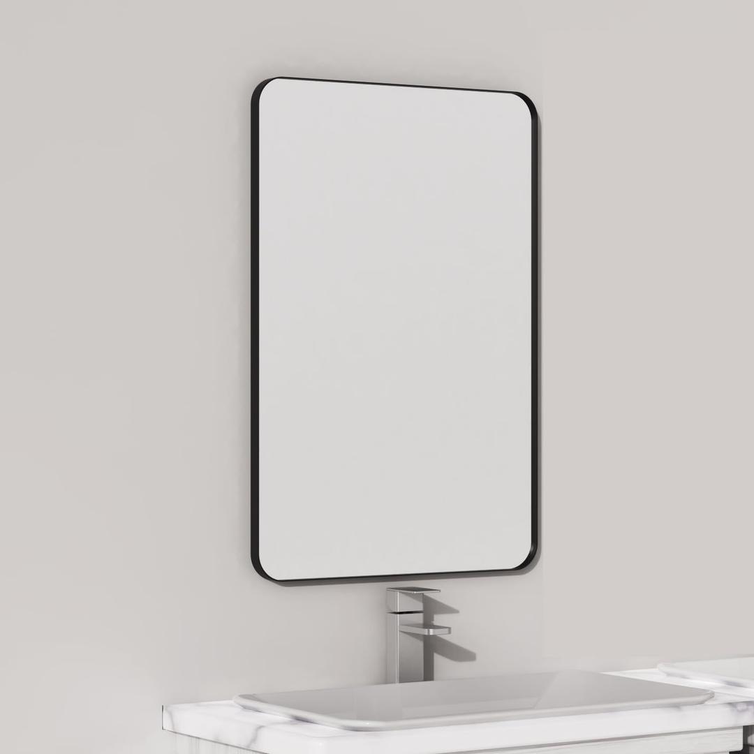 Black Metal Framed Bathroom Mirror for Wall, 16 x 24 Inch Rounded Rectangle Matte Black Bathroom Vanity Mirror Farmhouse, 1/4-inch Shatterproof Glass | Ultra-Flush Hanging