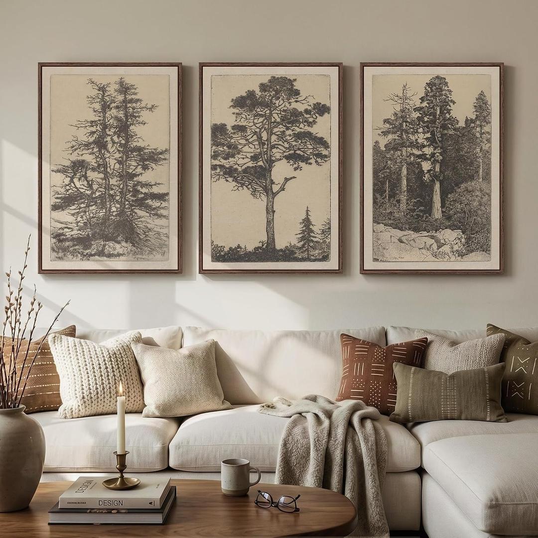 Framed Large Vintage Wall Art for Living Room, Wabi Sabi Tree Canvas 3 Piece Artwork, Classic Antique Sketch Forest Landscape Prints, Neutral Retro Botanical Rustic Painting for Bedroom 24x36 In, 24" W x 36" H x 3Pcs