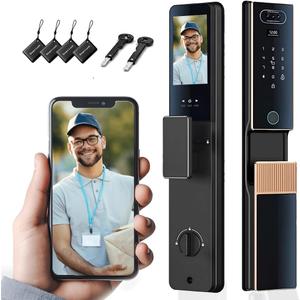 Smart Door Lock with Face Recognition & Camera, Video Monitor, 7-in-1 Keyless Entry: Palm Vein, Fingerprint, Keypad, App - Weatherproof Digital Deadbolt for Home Security (Gold)
