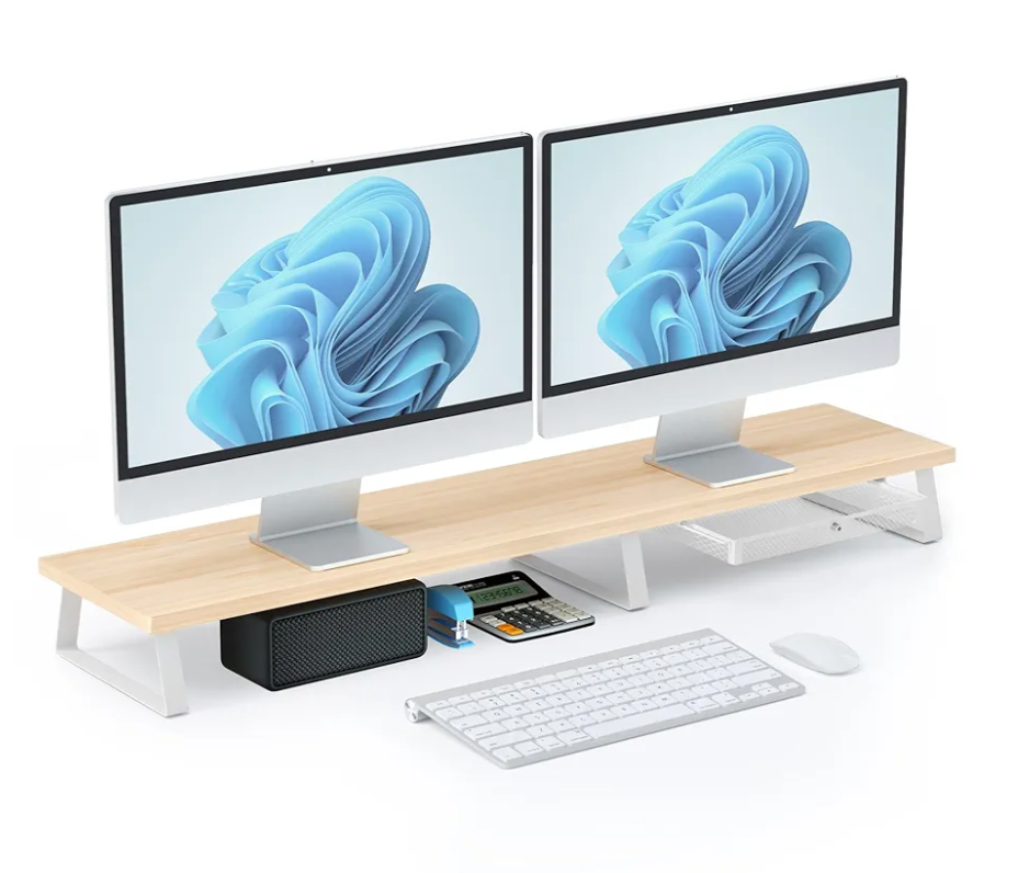 Large Dual Monitor Stand Riser - Monitor Stand for 2 Monitors, Wooden Computer Stand For Desk with Metal Legs, Desk Organizers and Storage With Drawer, Desk Shelf for Computer/Laptop/Printer/TV, Oak
