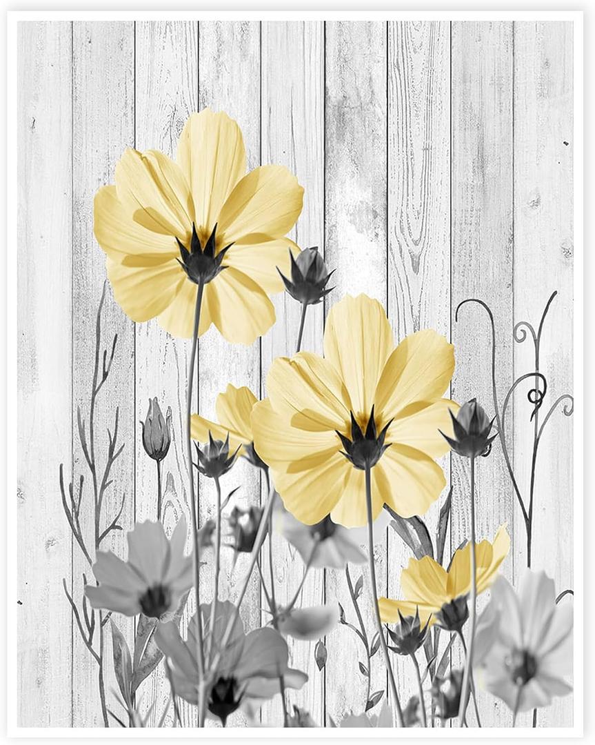 HVEST Yellow and Gray Canvas Wall Art for Living Room Flower and Leaf Plant on Rustic Wood Pictures Wall Decor Wildflower Unframed Wall Art Prints for Bedroom Bathroom Decor,16L X 12W inches