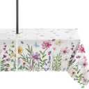 Horaldaily Spring Summer Outdoor Tablecloth 6084 Inch, Watercolor Wild Flowers Butterfly Seasonal Table Cover with Zipper Umbrella Hole for Party Dinner Patio Garden Picnic BBQ (White)