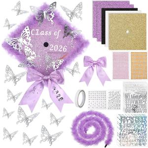 Wavwavw 30 Pcs DIY Graduation Cap Decorations Kit Grad Hats Decor Included 3D Artificial Butterfly Bow Glitter Paper Plush Alphabet Letter Stickers for 2026 DIY Grad Cap Decorations(Purple)