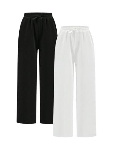 RoseSeek Girl's 2 Pack Sweatpants Elastic Waist Wide Straight Leg Pants High Waisted Casual Baggy Jogger Pants Black and White 8 Years