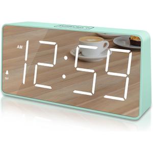 Peakeep Digital Clock, Alarm Clock Battery Backup Powered for Bedrooms - Mirror Face Large Numbers 6 Dimmers for Seniors, Super Loud for Heavy Sleepers (Aqua)