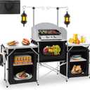 Seeutek Camping Kitchen Table Aluminum Portable Outdoor Cooking Table Foldable Camp Table with Windscreen and 3 Storage Cupboards Multifunctional for BBQ, Party & Outdoor Activities