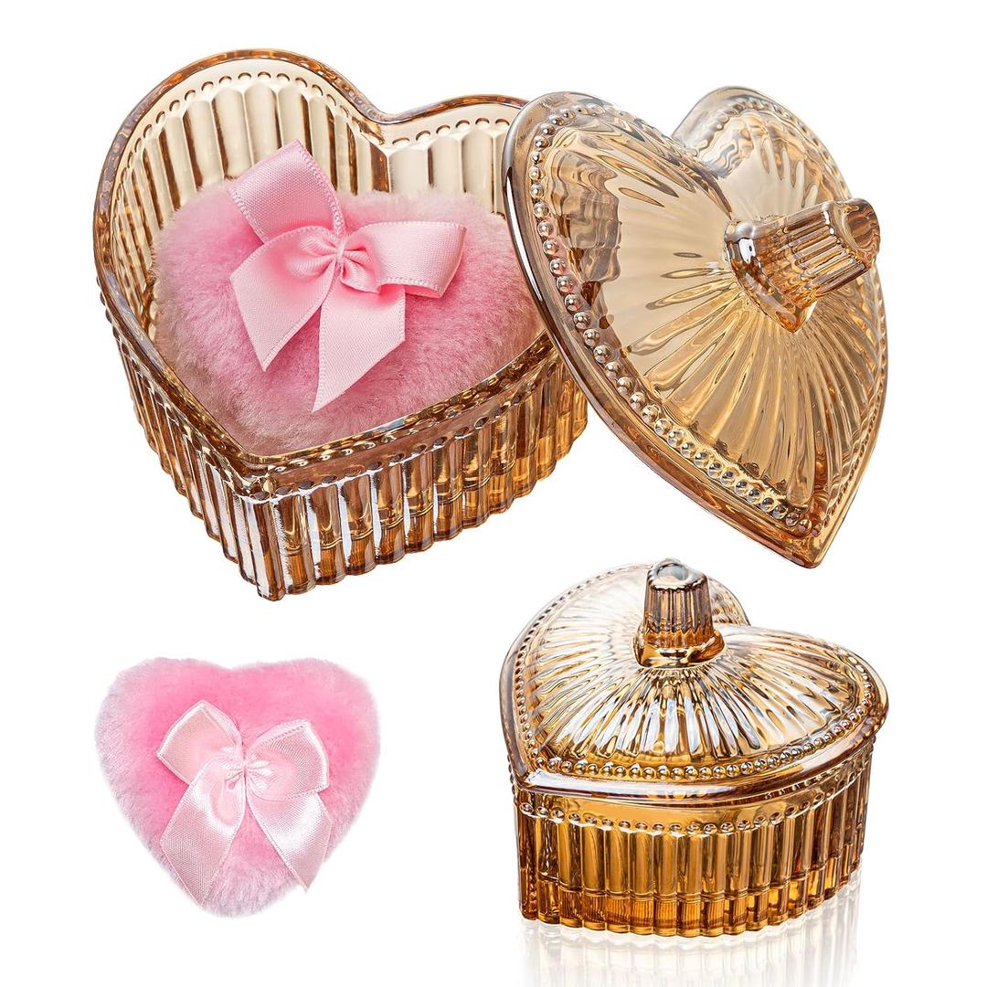 2 Pieces Large Body Powder Puff and Container - Dusting Powder Container with Puff, Crystal Case, Body Powder for Women Soft Washable Reusable Velour Face Body Glitter (Amber Love)