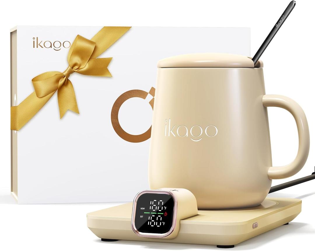 Coffee Mug Warmer & iKago Mug Set, Temperature Control Smart Heated Mug for Desk, Electric Coffee Warmer with Auto Shut Off & Real-Time Temp Display, Gifts for Men Women, 15oz Ceramic Mug (Beige)