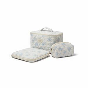 Makeup Bag Set, Quilted Makeup Bag, Large Floral Cosmetic Bag for Women, Cute Cotton Makeup Bags, Flower Travel Toiletry Organizer Bag (Blue Rose)