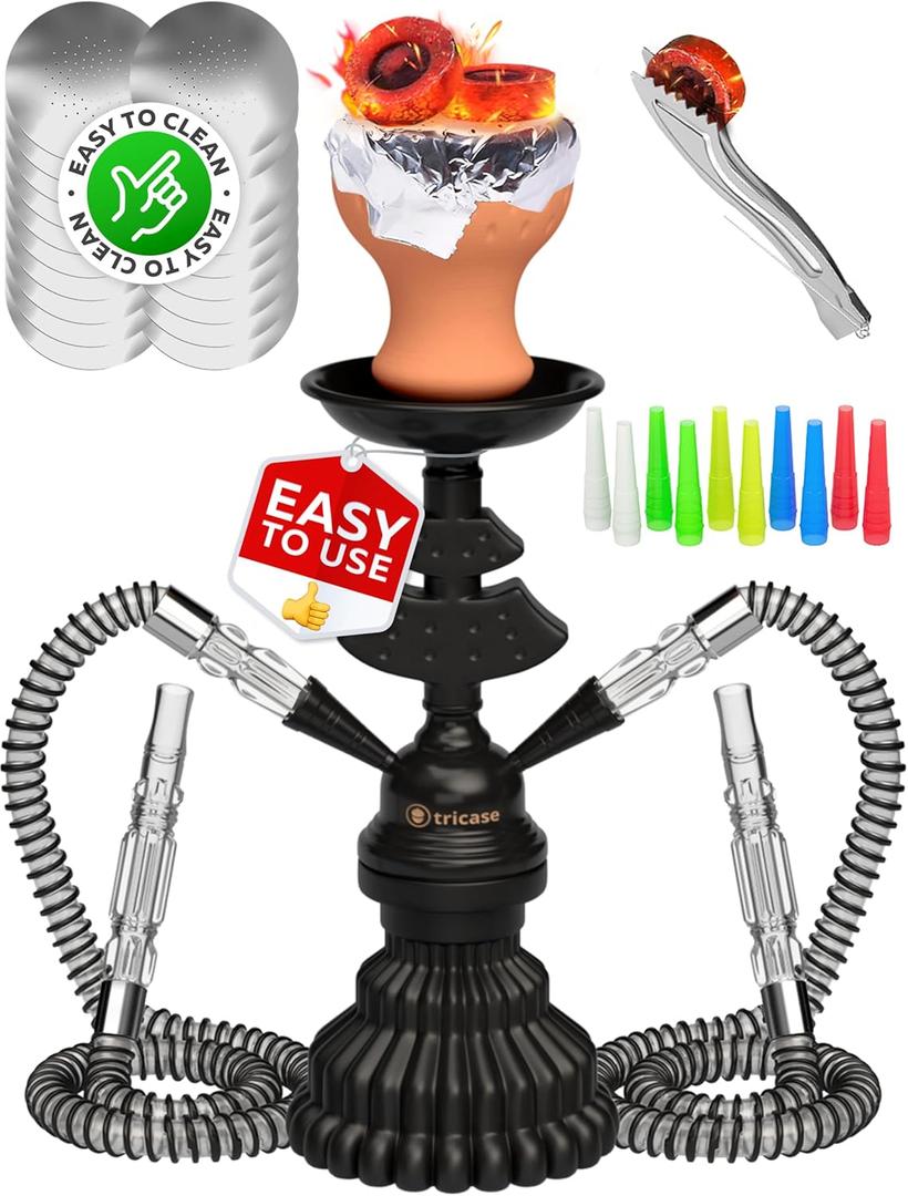 Portable Hookah set with everything - Black Hookah Set 2 Hose Hookahs  LilOne 12 Black Mini Hookah 2 Hose Hookah Set with 50x Foil Sheets, Clay Bowl 10x Disposable Tips and Sisha Tongs