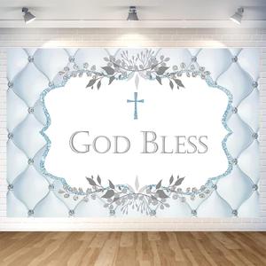 7x5ft God Bless Backdrop Baby Baptism Photography Background First Holy Communion Religious Christening Newborn Party Decorations Banner Photo Booth Props (Blue)