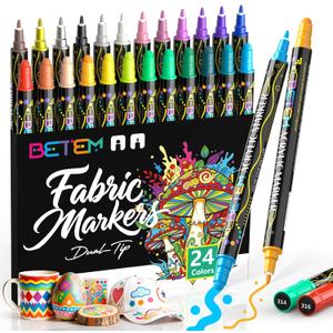 Betem 24 Colors Dual Tip Acrylic Paint Markers, Fabric Decorating Kits Premium Water-Based Acrylic Paint Pens Art Supplies for Fabric, Rock, Wood, Glass, Canvas, Ceramic, Teacher Appreciation Gift
