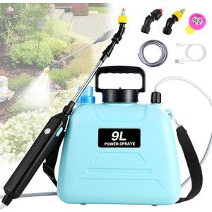 2.4 Gallon Battery Powered Sprayer, Electric Battery Operated Sprayer, Weed Power Sprayers in Lawn and Garden with Adjustable Shoulder Strap and Rechargeable Handle, 3 Mist Nozzles (Blue)