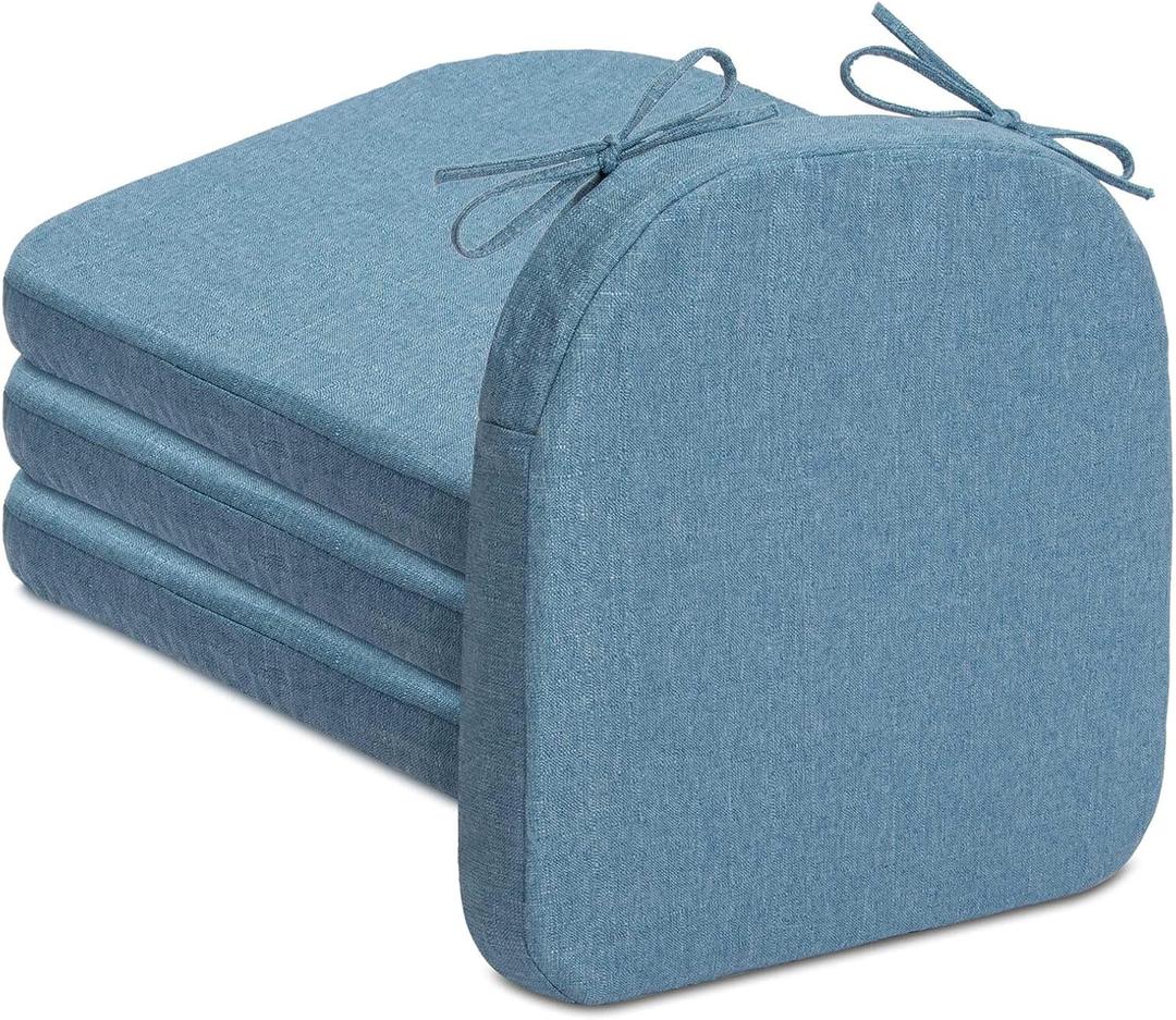 Chair Cushions Set of 4 or 6 Thick Foam Seat Pad Chair Cushion 17"x16" with Ties and Removable Washable Cover for Dining Chairs, Office | Hardwood | Metal Chairs (4, Light Blue)
