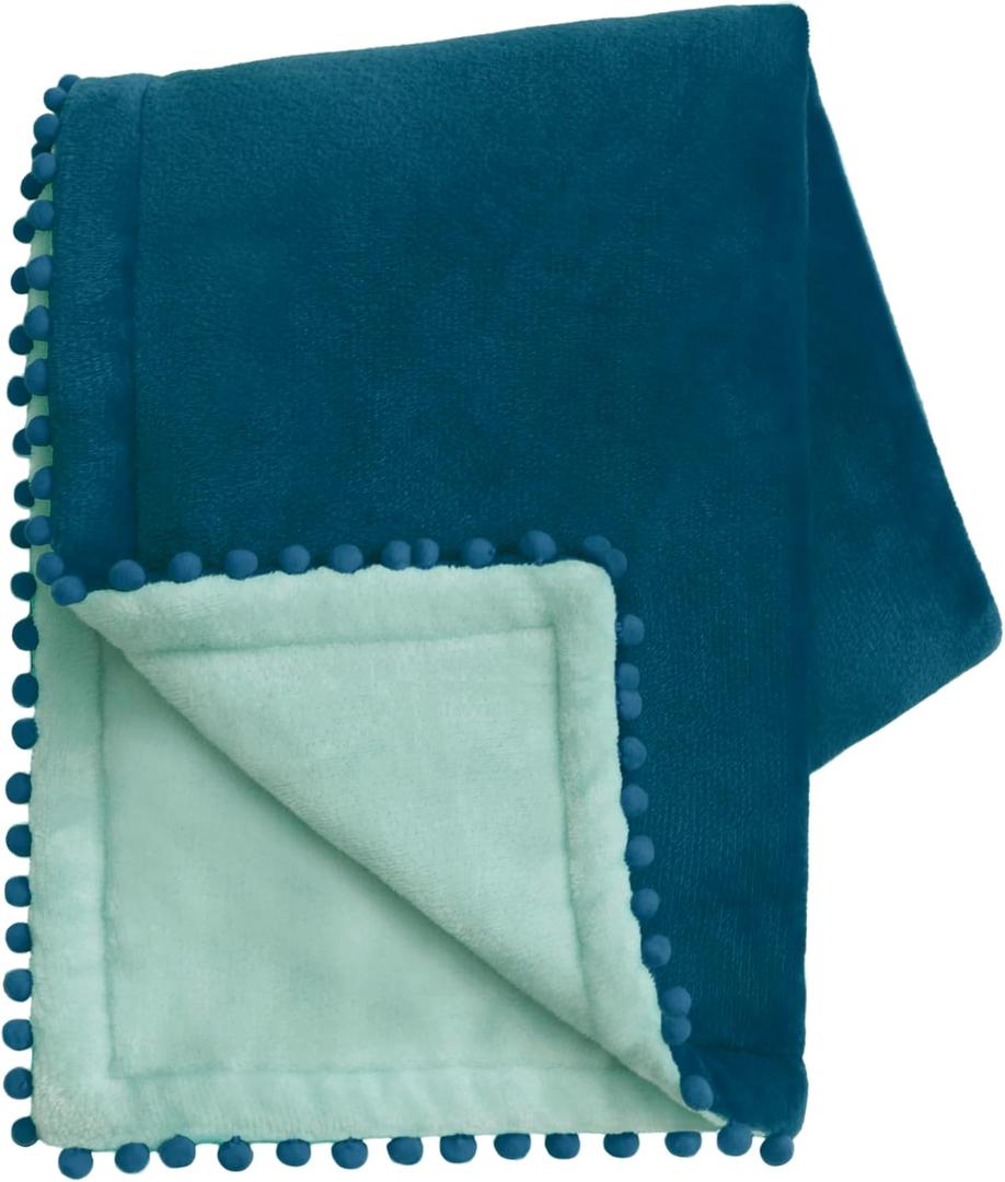 MONDAY MOOSE Cozy Fleece Throw Blanket with Pom Pom Fringe, Super Soft Flannel Blanket, Double-Sided Designs, for Couch Bed Sofa Home Decor (50x60 inch, Blue/Light Aqua)