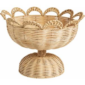 Mud Pie Rattan Pedestal Bowl with Scalloped Rim, Natural Wicker Basket Natural Woven Rattan Footed Bowl with Looped Scallop Edge for Fruit, Bread and Centerpiece Displays, 14.5"D x 14.5"W x 10.25"H