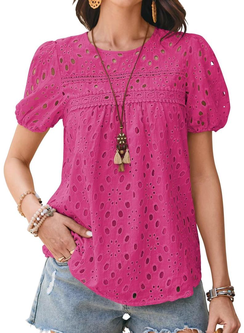 Falechay Cute Tops Womens Tunic Tops to Wear with Leggings Spring Shirts for Women Dressy Casual Lace Eyelet Crochet Crew Neck Short Sleeve Cute Blouses Boho Clothing Plus Size XL Hot Pink (Pink, XL)
