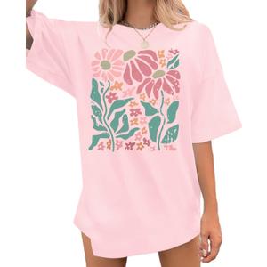Boho Oversized Shirt Women Vintage Floral Shirts Daisy Flower Tshirt Wildflower Graphic Tees Casual Loose Tops (Pink, L)