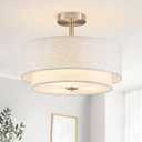 BUXVRCS Semi Flush Mount Ceiling Light Fixture, 3-Light Double Drum Lighting Fixtures with Fabric Shade, 16" Modern Light Fixtures Ceiling Mount Close to Ceiling Light for Bedroom (Brushed Nickel)
