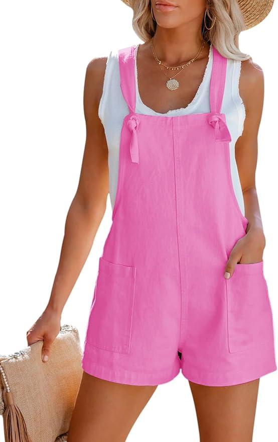 Women's Summer Casual Sleeveless Rompers Loose Spaghetti Strap Cotton Shorts Overalls Jumpsuit with Pockets S