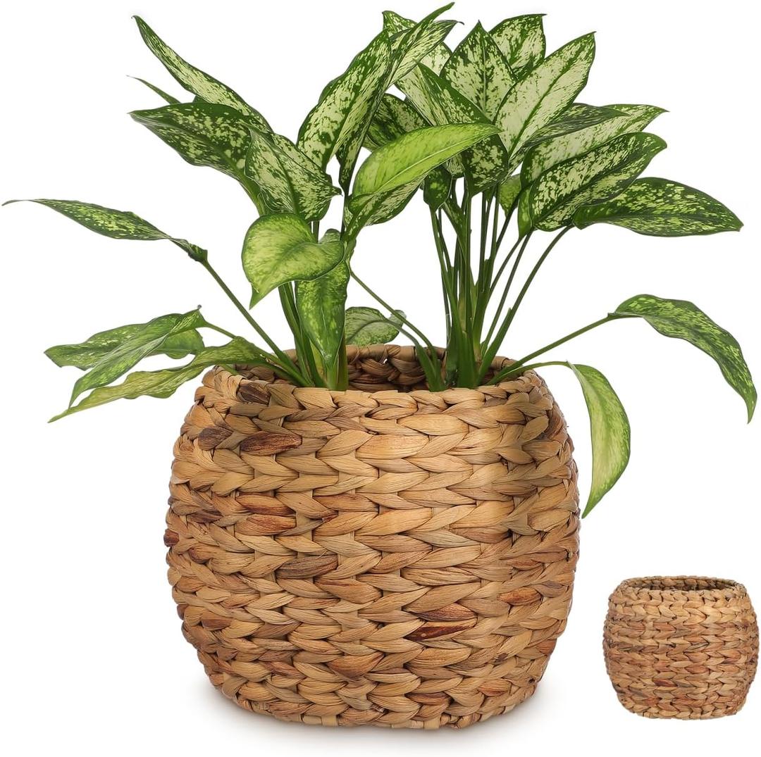 Cabilock Handwoven Hyacinth Planter Basket, Natural Woven Rattan Storage Basket for Small Plants, Eco-Friendly Indoor & Outdoor Decorative Pot Cover for Farmhouse, Boho Home Decor, 25X25X20CM