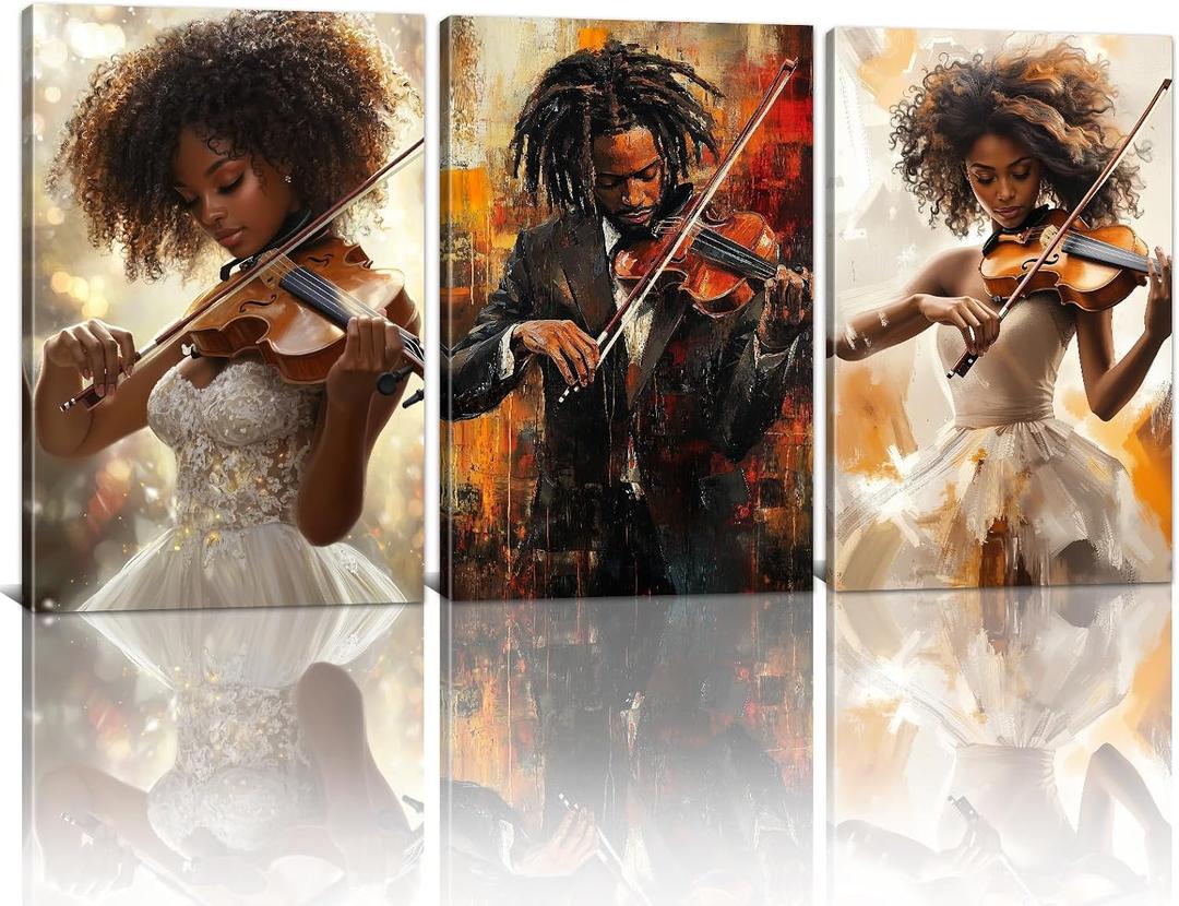 African American Canvas Prints Wall Art Black Woman Man Playing Violin Poster Black Jazz Pictures Wall Decor Musical Instruments Paintings for Music Room Decor Framed(Vintage-1,16L x 24W x 3Pcs)